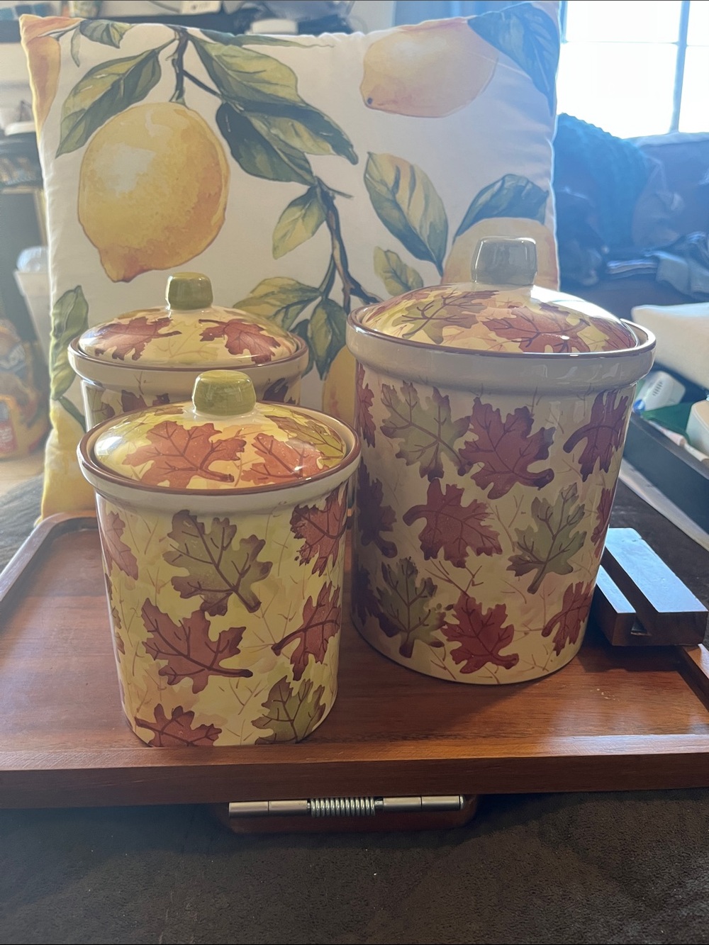 Pier 1 Cream Ceramic Canister Set with a fall theme